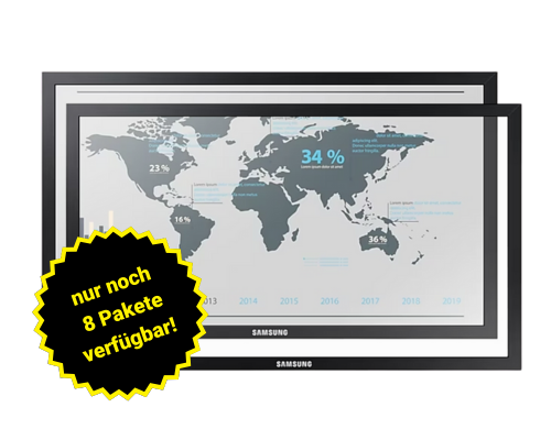 Zwei Samsung-Monitore zeigen eine digitale Weltkarte und Statistiken auf weißem Hintergrund. Unten links befindet sich ein gelbes Siegel mit der Aufschrift "nur noch 8 Pakete verfügbar!". Die Bildschirme können jetzt gekauft oder gemietet werden - schnell zugreifen!.
