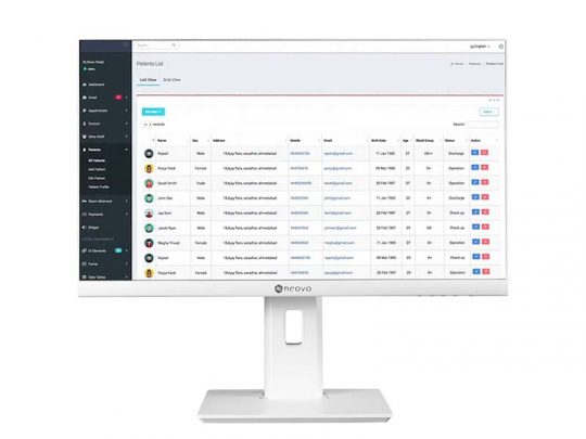 Weißer Computerbildschirm mit geöffneter Patientenverwaltungssoftware: Auf dem Bildschirm ist ein modernes Dashboard zu sehen, das eine Liste von Patientennamen, Avataren, E-Mail-Adressen und Termindaten sowie Aktionsschaltflächen übersichtlich darstellt. Ideal zur Verwaltung von Patientendaten in einer medizinischen Praxis.