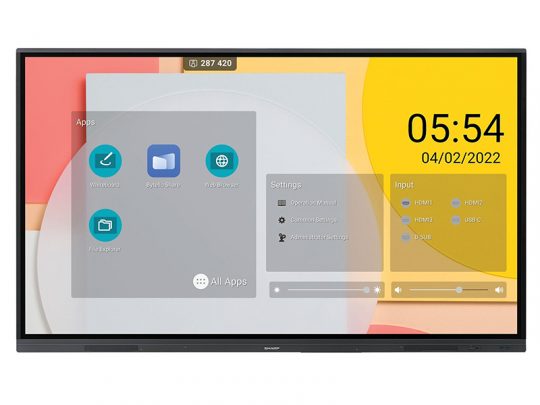 Smart TV Bild: Der Bildschirm zeigt das Hauptmenü mit Uhrzeit, Datum und Eingabeoptionen rechts sowie App-Symbole wie Whiteboard und Dateiexplorer links vor einem bunten, abstrakten Hintergrund. Ideal für interaktive Meetings oder Home Entertainment. SEO-Optimierung: Smart TV Menü, interaktives Whiteboard, Dateiexplorer Apps.