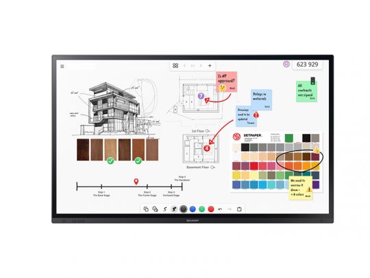 Digitales Whiteboard für kollaborative Designprojekte, zeigt eine Architekturskizze, einen Grundriss, Materialproben, Farbpalette, Haftnotizen und handschriftliche Anmerkungen. SEO-optimiert: Digitales Whiteboard von [Produktname], mit Architekturzeichnung, Grundrissplan, Materialmustern, Farbauswahl und digitalen Notizzetteln für Teamarbeit und kreative Planung.
