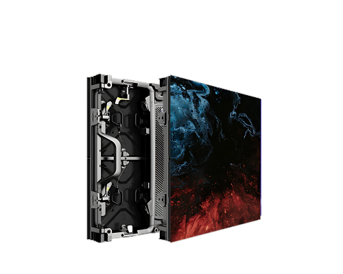 Unilumin URMIII 2.6 MK2 Pro LED-Panel, vorne mit blauer und roter Grafik, Rückseite zeigt Gehäuse und Befestigungsteile.