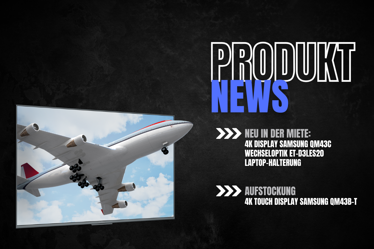 Samsung Display auf TV zeigt Flugzeug vor schwarzem Hintergrund, daneben deutsche Infos zu neuen Displays und Laptop-Halterungen.