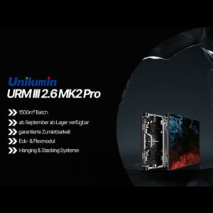 Produktbild des Unilumin URMIII 2.6 MK2 Pro LED-Displays, Seitenansicht mit deutschen Produktmerkmalen auf schwarzem Hintergrund.