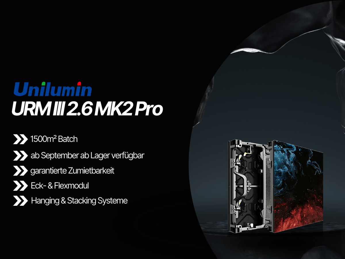 Unilumin URMIII 2.6 MK2 Pro LED-Panel, deutsche Anzeige der Produktmerkmale, leuchtende blaue und rote Visuals auf Schwarz.