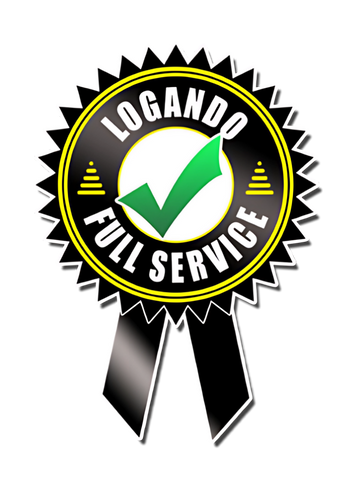 LOGANDO FULL SERVICE Abzeichen: Schwarzes und gelbes Band mit grünem Haken in der Mitte, steht für geprüften Logando Service.