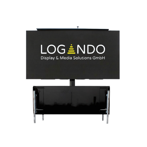 LOGANDO Display & Media Solutions GmbH Schild, schwarz mit gelbem Dreieck-Logo, auf schwarzem Ständer montiert.