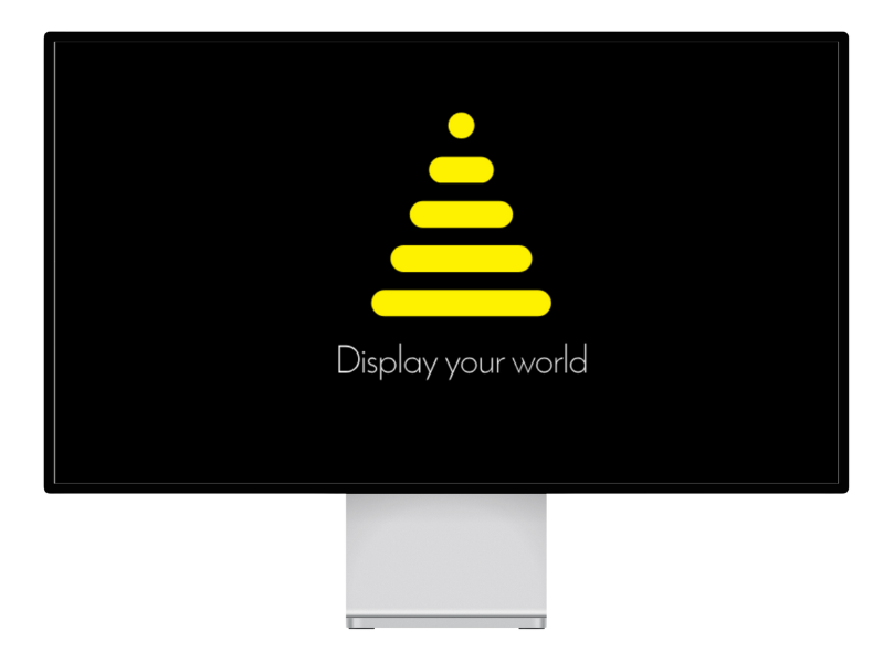 Monitor mit gelbem, aus Balken und Punkt gebildetem Pyramiden-Logo und dem Slogan "Display your world" auf schwarzem Hintergrund.