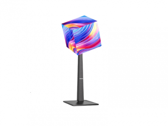 Cube Stand für URMIII/UpadIV: Moderne Tischlampe mit schwarzem Fuß, bunter, würfelförmiger Schirm, ideal als Eventbeleuchtung.