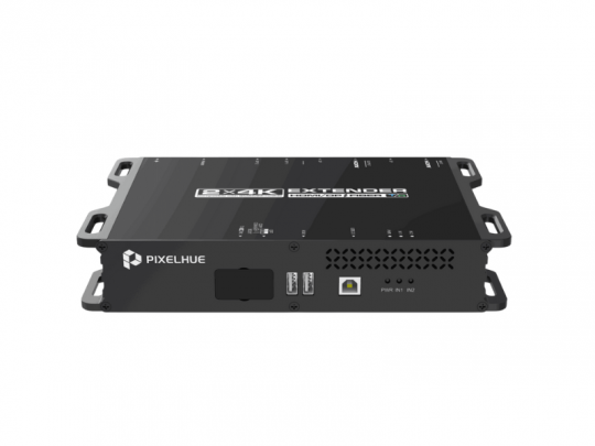 PIXELHUE EP4R-S LWL-HDMI Konverter in Schwarz mit USB-, Ethernet- und Stromanschluss, Produktname und Logo gut sichtbar.