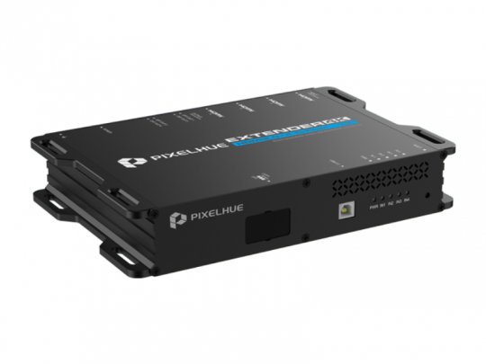 PIXELHUE EP4T-S HDMI>LWL Konverter in Schwarz mit beschrifteten Anschlüssen, Lüftungsschlitzen und Status-LEDs.