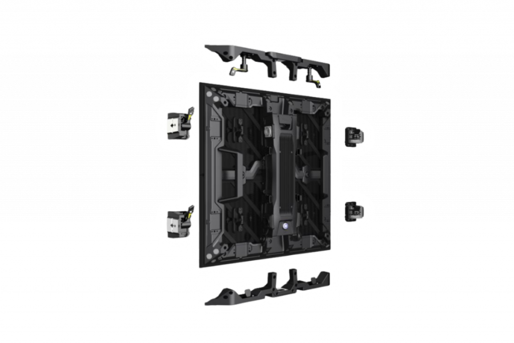 Unilumin URMIII 2.6 Mk2 Pro Miete LED-Panel im Explosionsbild: schwarzes Gehäuse, sichtbarer Rahmen, separate Randteile.