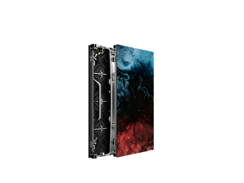 Unilumin URMIII 03 MK2 Pro LED-Panel, schlank und vertikal, vorne buntes Bild, Rückseite mit Elektronik und Griffen.