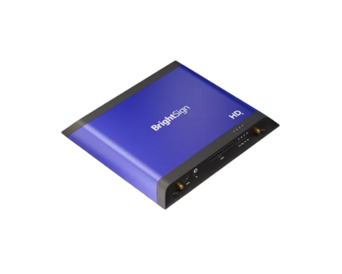 BrightSign HD225 Digital Signage Player in Blau und Schwarz mit Logo oben und Anschlüssen vorne, vor weißem Hintergrund.