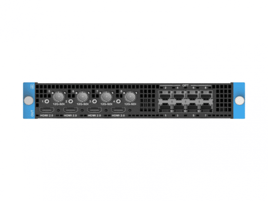 Output Karte für Pixelhue Q8: Schwarzes Modul mit blauen Griffen, 4 HDMI/SDI-Anschlüssen und doppelten Glasfaser-Ports rechts.