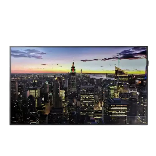 Flachbildfernseher zeigt beeindruckende Skyline einer Stadt bei Sonnenuntergang - modernes TV-Gerät, ideal für Ihr Zuhause, jetzt kaufen oder mieten.