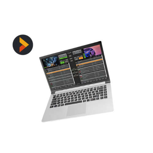 Silberner Laptop mit geöffneter Medienschnitt-Software auf dem Bildschirm steht neben einem kreisförmigen Logo mit stilisiertem orange-gelbem Play-Button auf dunklem Hintergrund - perfekte Lösung für alle, die professionelle Kreativsoftware wie Adobe Premiere Pro kaufen oder mieten möchten.