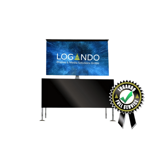 Mobiles LED Wand Display von LOGANDO auf schwarzem Standfuß, rechts daneben Logo als Full Service Badge mit Schleife.