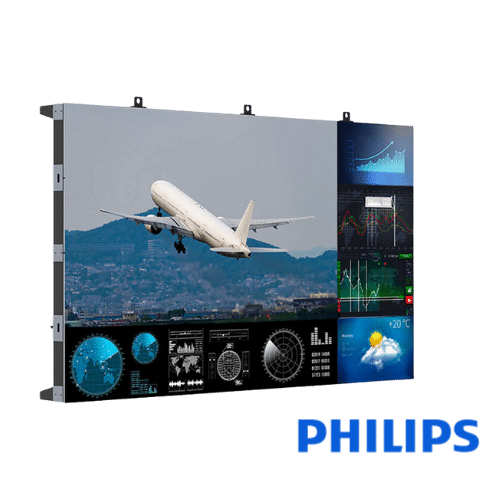 Digitales PHILIPS Display zeigt Bild eines startenden Flugzeugs mit eingeblendeten Datencharts, Grafiken und Wetterinformationen; PHILIPS Logo unten rechts. Perfekt für Unternehmen - das Display ist jetzt miet- oder kaufbar.