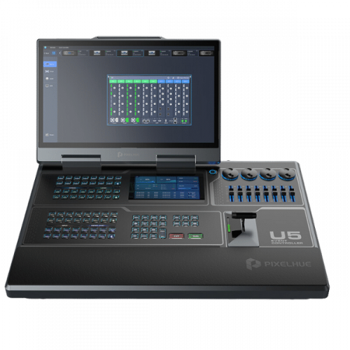 Professionelles Video-Switcher-Mischpult U5 von PIXELHUE mit integriertem Bildschirm, zahlreichen Tasten, Drehreglern und Schiebereglern auf der Frontseite; ideal zum Steuern von Videoproduktionen - jetzt kaufen oder mieten für maximale Flexibilität.