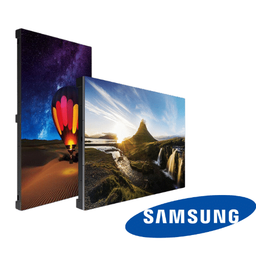 Zwei große Samsung Displays (zur Miete oder zum Kauf) zeigen brillante Bilder: links ein Heißluftballon über Sanddünen, rechts eine malerische Berglandschaft. Unter den Bildschirmen ist das blaue Samsung-Logo sichtbar. Ideal für beeindruckende Präsentationen oder Events.