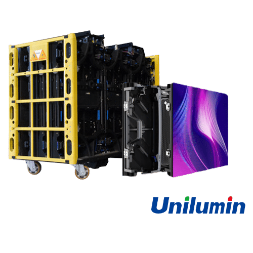 Unilumin LED-Display-Modul, teilweise zerlegt, zeigt leuchtendes Bildschirmpanel und interne Komponenten; daneben gelber Rollrahmen - ideal zum Kaufen oder Mieten. Unilumin-Logo unten rechts.